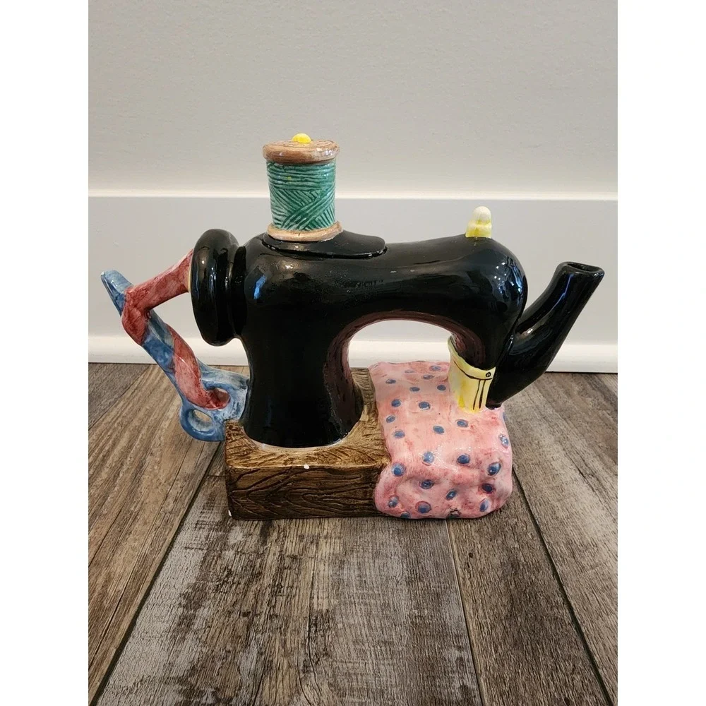 3 Vintage Ceramic Teapots, Two Sewing Machine And One Table, Cardinal Inc @ 1995